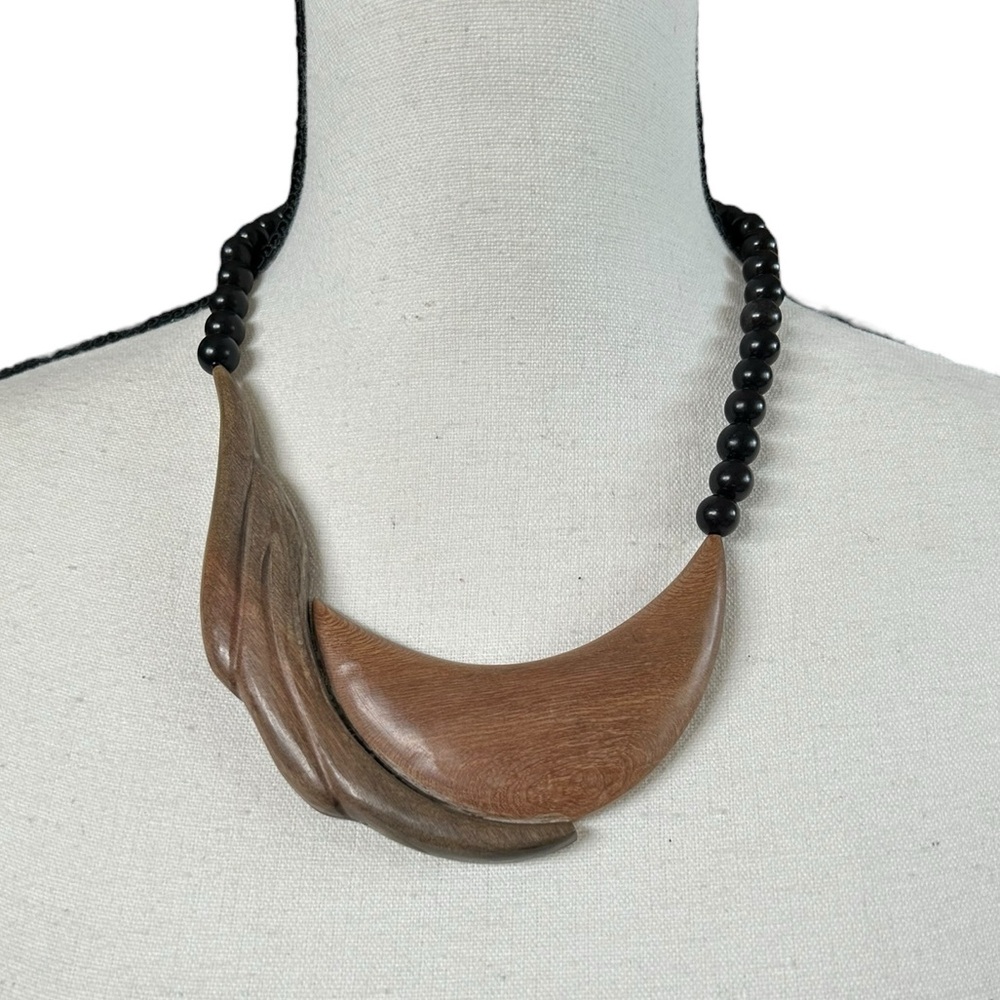 Vintage Black Bead Carved Wood Abstract Bird One-of-a-Kind Statement Necklace